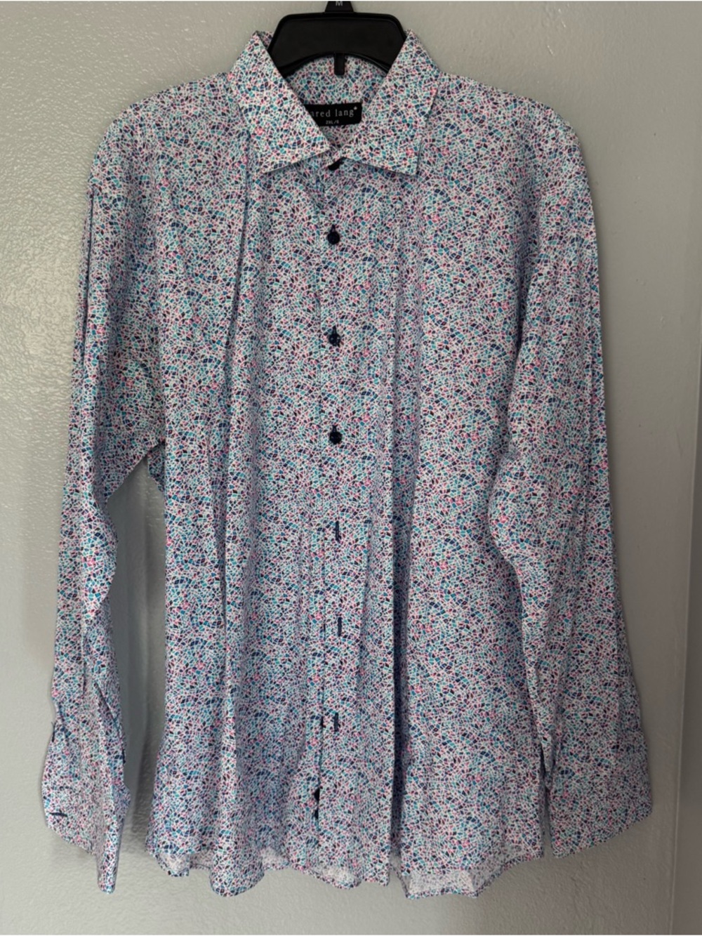 Jared Lang White Button-Down Shirt with Blue & Pink Micro Floral Print 2XL